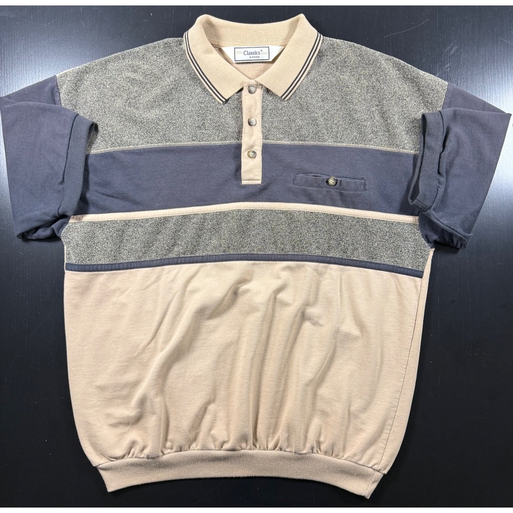 Classics by Palmland Mens XL Polo Shirt Colorblock Banded Bottom Tan Blue Cotton